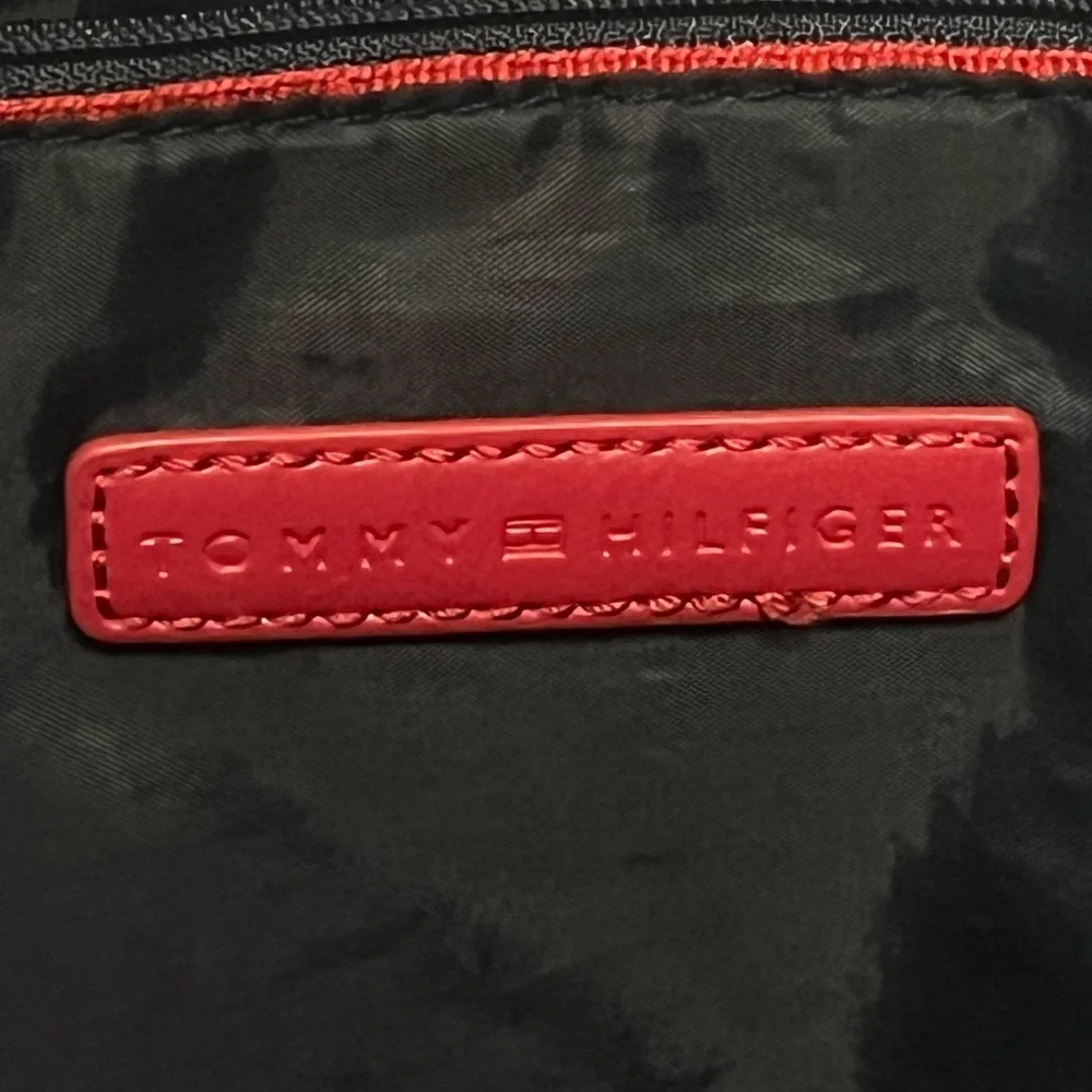 Tommy Hilfiger Black Satchel with Red Interior Accents Shiny Logo Messenger Bag